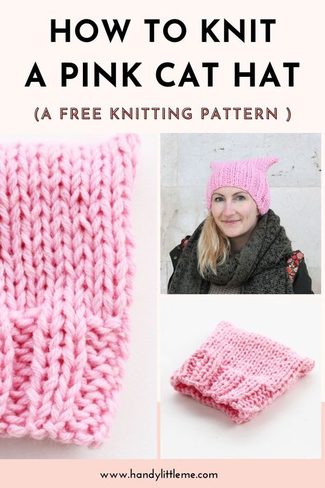 Pink cat hat knitting pattern. Make a cat hat with this free knitting pattern. Join the pussyhat movement and make your hat with this pink cat hat free knitting pattern! Great for a beginner knitter! #cathat #cathatpattern #knitting #hatpattern Free Cat Hat Pattern, Cat Hat Knitting Pattern Free, Cat Hat Knitting Pattern, Knitted Cat Hat Pattern Free, Pussyhat Crochet, Cat Ear Hat Knitting Pattern, Knit Cat Hat, Cat Hats Knitted, Knitted Crafts