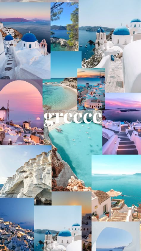 Pictures Of Greece Beautiful Places, Greece Collage Wallpaper, Greece Vision Board, Aesthetic Greece Pictures, Greece Wallpaper Aesthetic, Greece Aesthetics Beach, Santorini Greece Aesthetic Wallpaper, Santorini Greece Wallpaper, Greece Backgrounds