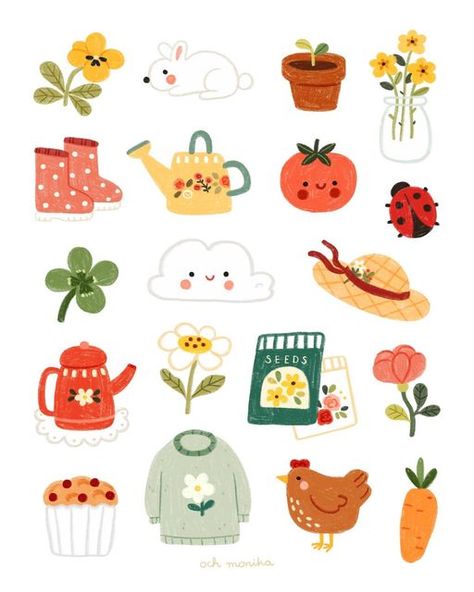 Drawing Spring Ideas, Cute Small Illustration, Spring Doodles, Cute Objects, Spring Illustrations, Spring Elements, Small Illustrations, Fluffy Chicken, Collection Illustration