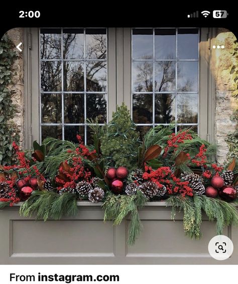 Christmas Window Box Decorations, Holiday Outdoor Planters, Window Box Christmas Decor, Christmas Planter Boxes, Porch Window Christmas Decor, Winter Flower Boxes Window, Christmas Flower Boxes Outdoor, Outdoor Window Christmas Decorations, Front Window Christmas Decor