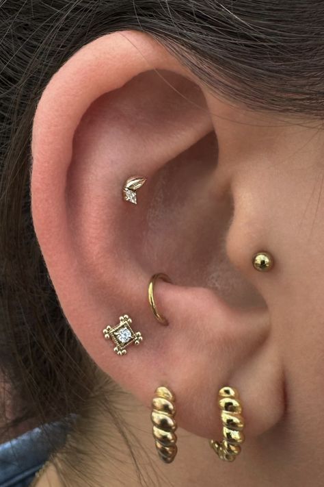 Little Bud upper outer conch addition by @piercingbooth (IG).  Featuring Grace in the upper lobe as the perfect compliment piece.  Available in 14K Yellow, Rose, or White Gold, with your choice of Swarovski Crystal or Genuine Diamond starting at $162.50.  Support local and shop Maya Jewelry in person at a piercing professional near you.  Or tap the Link In Below to shop push pin studs online. Unique Conch Piercing, Outer Conch Piercing Ideas, Double Conch Piercing Studs, Contra Conch Piercing, Contra Conch, Conch Piercing Aesthetic, Maya Jewelry, Outer Conch Piercing, Conch Piercing Stud