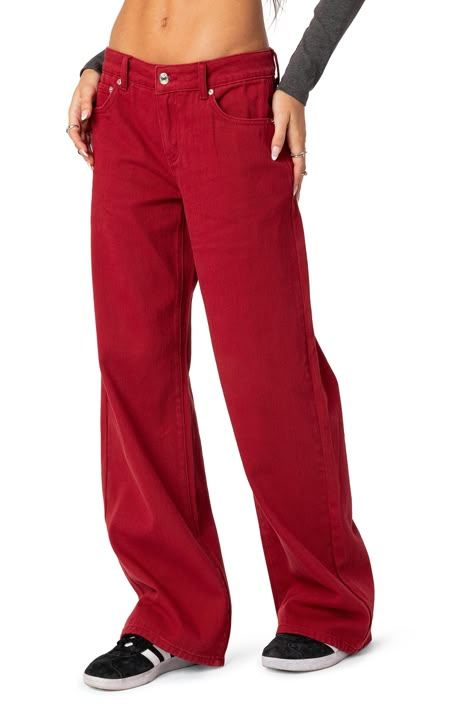 Low-slung jeans are crafted with puddling cuffs and turned to a fiery shade of red. 100% cotton Machine wash, dry flat Imported Monochrome Red Outfit, Crochet Upcycle, 80's Clothes, Old Money Casual, Slouchy Pants, Slouchy Jeans, Burgundy Jeans, Cosplay Inspo, Baggy Trousers