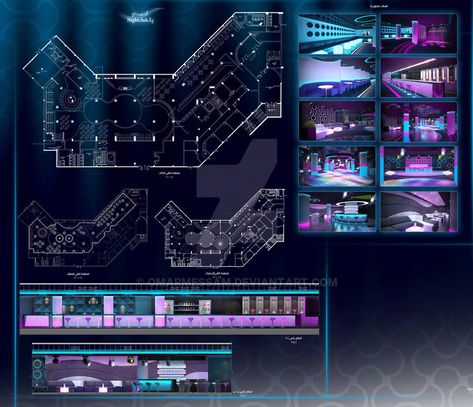 Movenpick Hotel - Nightclub by omarmessam on DeviantArt Cyberpunk Nightclub, Nightclub Ideas, Club Design Interior, Movenpick Hotel, Shadowrun Rpg, Composition Board, Church Building Design, Sofa Layout, Dungeon Tiles