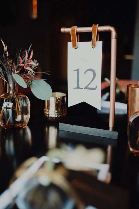 Table Number Diy Wedding, Modern Black And Copper Wedding, Copper Stand Wedding, Copper Wedding Sign Stand Diy, Industrial Wedding Welcome Table, Copper Table Numbers, Industrial Wedding Table Numbers, Copper Pipe Table Numbers, Dark Wedding Invitations