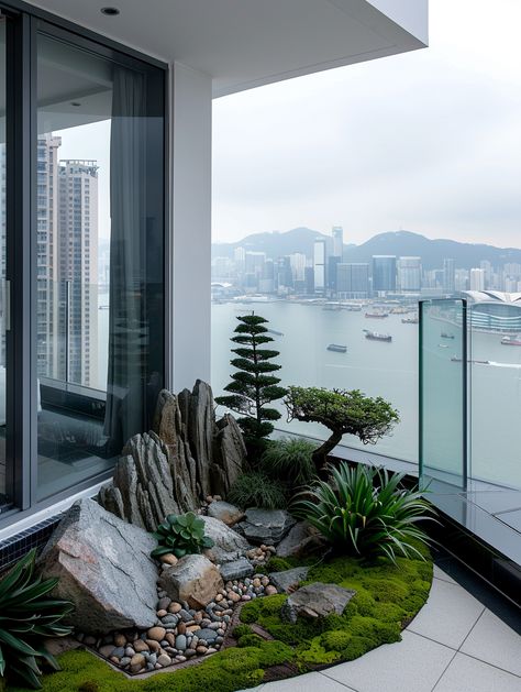 #CornerGarden #Balcony #Moss #Rocks #SmallPlants #TopFloor #HongKong #WhiteWall #GlassRailings #SeaView #Buildings #3:4 #TheCandie Balcony Rock Garden, Small Corner Garden, Zen Balcony Ideas, Garden On Balcony, Zen Balcony, Modern Balcony Ideas, Moss Rocks, Glass Railings, Inspirational Digital Art