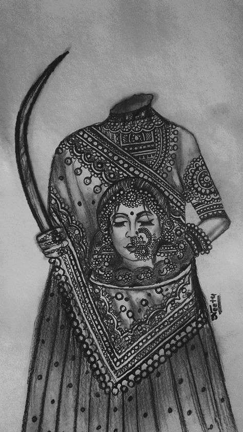 Pencil sketch ✏️✏️✏️ Rani Hadi : Gifted Head to Husband to Motivate him to Go to War. ❤❤❤❤❤❤❤❤❤❤ Rani Padmini Painting, Hadi Rani Painting, Rajasthani Art Pencil Sketch, Mata Rani Images Drawing, Bharat Mata Drawing Sketch, Rajasthani Sketch, Art Sketches Pencil Creative Artworks, Indian Art Sketch, Ardhnarishwar Sketch