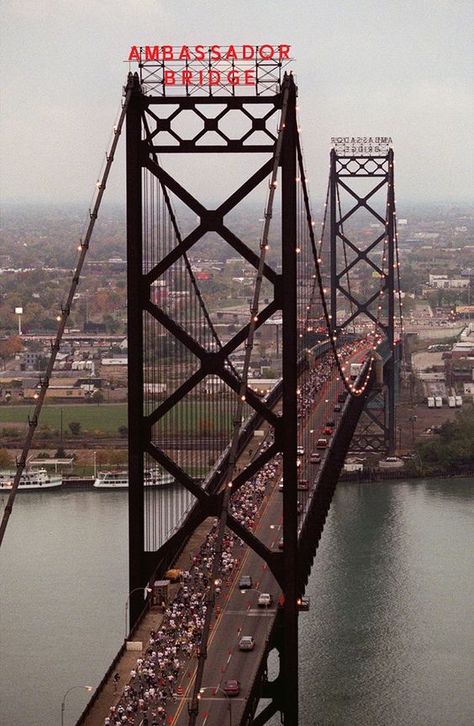 Spans the Detroit River and connects Detroit with Ontario, Canada Ambassador Bridge, Waterton Park, Detroit Skyline, Detroit History, Detroit Sports, Detroit City, Vintage Michigan, Sea To Shining Sea, O Canada