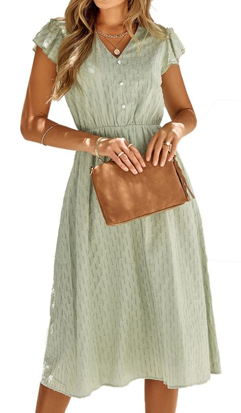 PRICES MAY VARY. FEATURES DESIGN - This women's casual summer dress features ruffled short sleeve, sexy v neck, button up, high waist, solid color, A line, mini dress, flowy dress, swing dress, midi sundress and casual beach sundress. MATCH TIPS - You can wear the dress singly and pair it well with earrings, wide-brim hat, high heels/flats/boots etc, that's will be very pretty!! You can wear a flat or walk barefoot on the beach, it would be a beautiful scenery. OCCASIONS - The summer sundress is Loose Summer Dress, Buttoned Dress, Picture Style, Short Sleeve Pattern, Weave Style, Mid Length Skirts, Butterfly Sleeves, Women's Boutique, Midi Dress With Sleeves