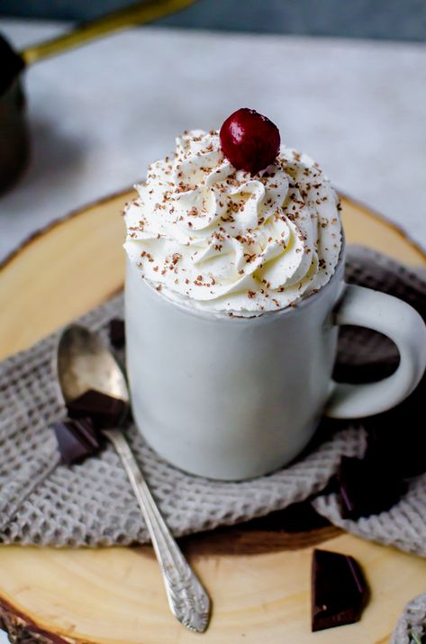 This cherry hot chocolate aka black forest hot chocolate will be your new winter favorite Chocolate Cherry Hot Chocolate, Black Forest Hot Chocolate, Cherry Hot Chocolate, Red Velvet Hot Chocolate, German Coffee, Gourmet Hot Chocolate, Cherry Tea, Nice Recipes, Seasonal Drinks