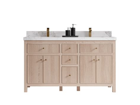 "The Sonoma Collection is a modern and stylish addition to any bathroom. It is made from white oak wood and plywood, a strong and durable material that will last for years to come. The reeded design adds a sophisticated touch to the vanity, making it a statement piece in any bathroom. The thick countertop adds an extra layer of strength and durability, making it perfect for a busy bathroom. The white oak wood gives the vanity a clean, contemporary look that will complement any modern bathroom de Calacatta Nuvo, Oak Vanity, Stock Cabinets, White Oak Wood, Double Sink Bathroom, Vanity Countertop, Double Sink Bathroom Vanity, Sonoma Oak, Sink Bathroom Vanity