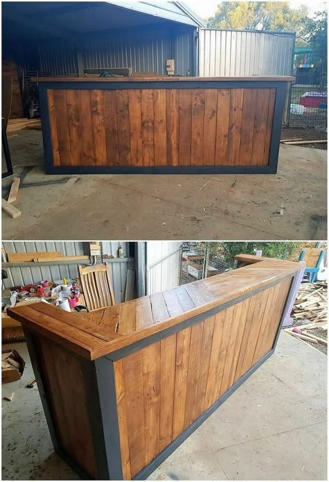 Yard Furniture Ideas, Pallet Counter, Home Bar Plans, Pallet Bar Diy, Wood Pallet Ideas, Diy Outdoor Bar, Bar Shed, Yard Furniture, Bar Plans