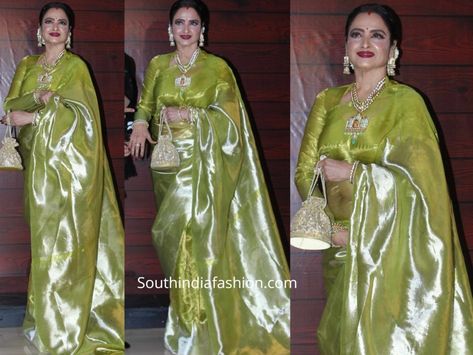 Rekha in a green tissue kanjeevaram saree Rekha Sarees, Saree Portrait, Gajra Bun, Deep Red Lip, Full Sleeves Blouse, Rekha Saree, Rekha Ji, Stylist Clothes, Bride Collection