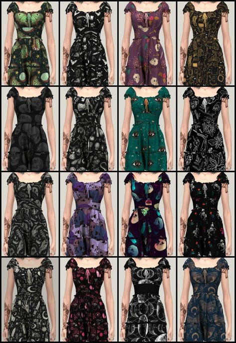 Elliesimple’s sleeveless A-line dress recolored in 17 spooky designs for your witch sims I love this mesh and have some more... Sims 4 Witch House Cc, Sims 4 Witch Dress, Witchy Cc Sims 4, Sims 4 Cc Witchy Clothes, Whimsigoth Cc Sims 4, Whimsigoth Sims 4 Cc, Hippie Goth Aesthetic, Sims 4 Witch House, Sims 4 Recolors