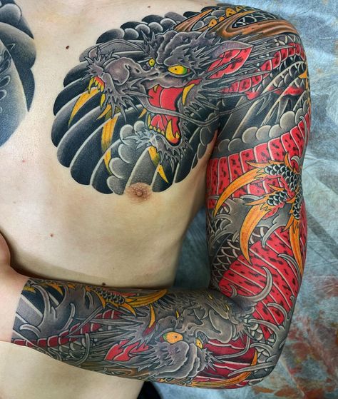 40+ Dragon Tattoo Ideas & Trending Drawings - 100 Tattoos Dragon Tattoo Japanese Style, Dragon Koi Tattoo Design, Dragon Tattoo On Chest, Trending Drawings, Dragon Tattoo Chest, Japanese Leg Tattoo, Koi Tattoo Sleeve, Best Cover Up Tattoos, Tattoo Japanese Style