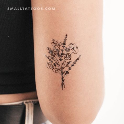 Flower bouquet temporary tattoo. Set of three. Size: 2.5 in / 6.4 cm (height) Fine Line Tattoo Birth Flower, Dainty Flower Bouquet Tattoo, Fine Line Bouquet Tattoo, Mexico Tattoo For Women, Hippie Flower Tattoos, Flower Tattoo Bouquet, Fine Line Flower Bouquet Tattoo, Bouquet Of Flowers Tattoo, Petunia Tattoo