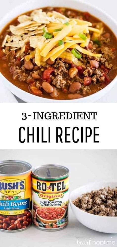 Easy 3-Ingredient Chili - The most simple chili recipe that's made in 30 minutes or less! Thick, hearty and perfect for fall. #chili #chilirecipe #soup #souprecipeseasy #souprecipe #soups #easysoup #easy #easyrecipe #easydinner #fall #fallrecipes #recipes #iheartnaptime 5 Ingredient Chili Recipe, 5 Ingredient Chili, Chili Meals, Quick Chili, Chili Recipe Crockpot, Easy Chili, Chili Recipe Easy, Cooking For Beginners, Chili Recipe