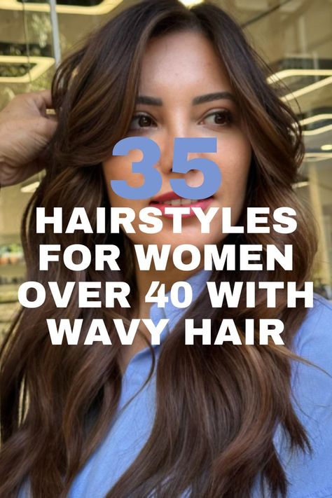 A long, wavy hairstyle with dark brown highlights, ideal for women over 40. Day 2 Wavy Hairstyles, Thick Wavy Medium Length Hair, 2024 Wavy Hair Trends For Women, Mid Wavy Hairstyles, Shoulder Length Haircut Wavy Hair, Haircuts To Look Younger Over 40, Wavy Fine Hairstyles, Wavy Thick Hair Styles, Beach Waves Medium Length Hair