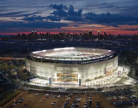 MetLife Stadium in East Rutherford, New Jersey - Great picture of the stadium at night along with the New York skyline in the background. Super Bowl Tickets, Giants Stadium, Stadium Architecture, Jets Football, Nfl Stadiums, New York Football, Soccer Stadium, Metlife Stadium, Ny Jets