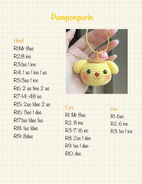 Crochet pattern Pompurin Crochet Pattern, Pompompurin Crochet Pattern Free, Crochet Cute Keychain Free Pattern, Pompompurin Crochet Pattern, Free Keychain Crochet Patterns, Pompompurin Pattern, Crochet Patterns Keychain, Crochet Keychain Free Pattern, Small Crochet Patterns