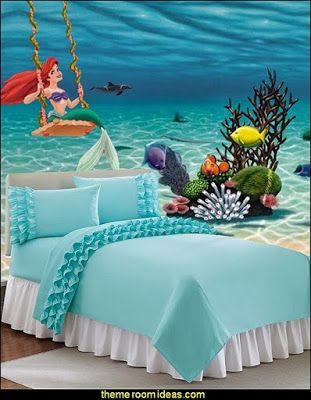 40+ Beautiful Mermaid Theme For Your Girl Bedroom Design Ideas | ARA HOME #bedroom  #bedroomdecor  #bedroomideas  #bedroomdesign  #bedroomfurniture  #girlbedroom  #girlbedroomideas Underwater Wall Mural, Mermaid Bedroom Decor, Ariel Bedroom, Little Mermaid Bedroom, Mermaid Themed Bedroom, Disney Playroom, Little Mermaid Room, Mermaid Decor Bedroom, Ruffled Bedding