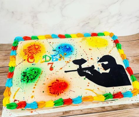 Paintball Cookies Decorated, Paintball Themed Cake, Sheet Chocolate Cake, Paintball Birthday Party Ideas, Paintball Party Cupcakes, Paintball Cakes For Boys, Paintball Party Cake, Paintball Birthday Cake, Paintball Cake