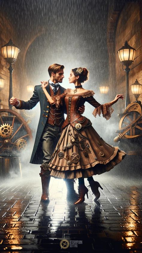 Captured in a moment of timeless romance, a Steampunk couple dances gracefully in the rain, surrounded by the beauty of an alternative era. Steampunk Family Photoshoot, Steampunk Couples Costume, Victorian Steampunk Aesthetic, Steampunk Couple, Punk Poses, Steampunk Romance, Steampunk Photography, Steampunk Images, Steampunk Character