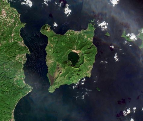 Taal Volcano, Philippines, captured by Sentinel-2 on 12/23/19. Recently, the volcano violently erupted forcing the evacuation of thousands of people. Volcano Taal is surrounded by Taal Lake at the southern end of Luzon, the most populous island of the Philippines. Similar to Crater Lake in Oregon, Taal Lake formed when prehistoric eruptions caused the ground to collapse and form a caldera. Taal Volcano has erupted 33 times since the 1500s. Caldera Volcano, Taal Volcano, Forever Winter, Tagaytay, Crater Lake, South Seas, St Kitts, The Philippines, Volcano