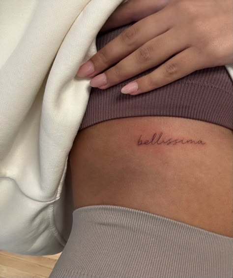 Bellisima Tattoo, Italian Inspired Tattoos, Brown Ink Tattoo, Brown Tattoo Ink, Dainty Tattoos, Subtle Tattoos, Word Tattoos, Minimal Tattoo, Tattoo Inspo