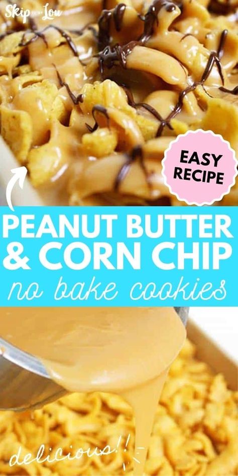 Corn chip peanut butter no bake cookies only need four ingredients! Easy simple and delicious, sometimes called Kookie Cookies or Frito Bars. Frito Bars Recipe, Frito Bars, Corn Flake Cookies, Peanut Butter Cornflake Cookies, Peanut Butter No Bake Cookies, Corn Chip, Corn Flake, Peanut Butter Snacks, Buttered Corn