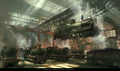 "Assassin's Creed: Syndicate" concept art by Hugo Puzzuoli Steampunk City, All Assassin's Creed, Fallout Concept Art, Steampunk Tendencies, Environment Painting, Assassins Creed Syndicate, Medieval World, Landscape Concept, Steampunk Art