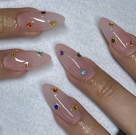 Almond Nails With Jewels, Colorful Gem Nails, Colorful Rhinestone Nails, August Birthday Nails, Mystery Nails, Nails Jewels, Jewel Nails, Extra Nails, Long Almond Nails