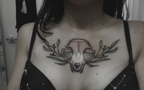 Cat Skull Chest Tattoo, Chest Tattoo Female Skull, Grunge Chest Tattoo, Womens Chest Tattoo Ideas Simple, Black Cat Chest Tattoo, Cat Throat Tattoo, Creepy Chest Tattoo Female, Cat Chest Tattoo, Animal Chest Tattoo