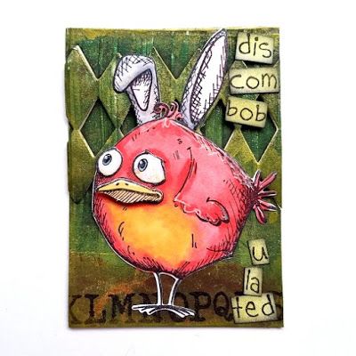 Elves In The Attic: A Little Easter Fun Tim Holtz Crazy Birds Cards, Trading Card Ideas, March Colors, Tim Holtz Crazy Birds, Purple Cards, Crazy Bird, Bird Stamp, Atc Cards, Melting Crayons