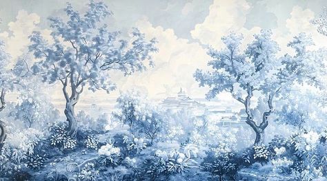 Mural Wedding Backdrop, Wallpaper Backdrop Wedding, Blue Aesthetic Wallpaper Landscape, Chinoiserie Backdrop, Vintage Wall Murals, Backdrop Lamaran, Blue Chinoiserie Wallpaper, Dior Wedding, Backdrop Engagement