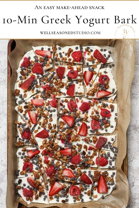 Greek Yogurt Bark on a baking paper. Greek Yogurt Bark, Yoghurt Bark, Yogurt Bark Recipe, Greek Yogurt Breakfast, Frozen Greek Yogurt, Frozen Yogurt Bark, Yogurt Snacks, Greek Yogurt Flavors, Yogurt Dessert