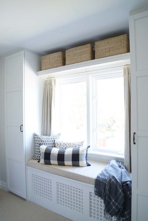 built in window seat over hidden radiator with IKEA storage closets Spare Bedroom Storage Ideas, Diy Storage Bench Seat, Neutral Guest Bedroom, Bedroom Built Ins, Window Seat Storage, Diy Storage Bench, Kitchen Ikea, Closet Built Ins, Storage Bench Seating