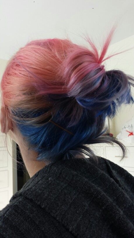 Navy Blue And Pink Hair, Blue Hair With Pink Tips, Pink Hair Blue Underneath, Pink And Blue Hair Short, Pink And Blue Hair Dye Ideas, Pink Hair With Blue Streaks, Pink And Blue Highlights, Blue And Pink Hair Ideas, Blue Pink Hair