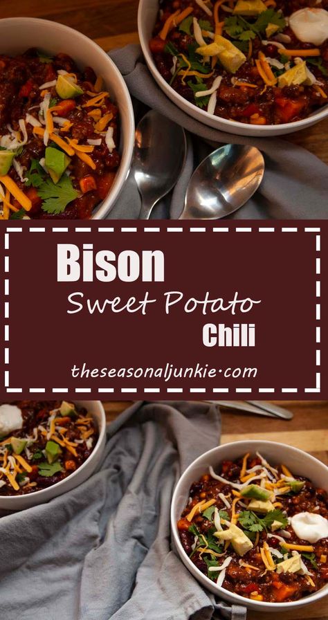 Sweet Potato Chili-The seasonal junkie Bison Sweet Potato Chili, Bison Chili Recipe, Potato Chili Recipe, Bison Chili, Sweet Potato Chili Recipe, Sausage Chili, Potato Chili, Football Parties, Sweet Potato Chili