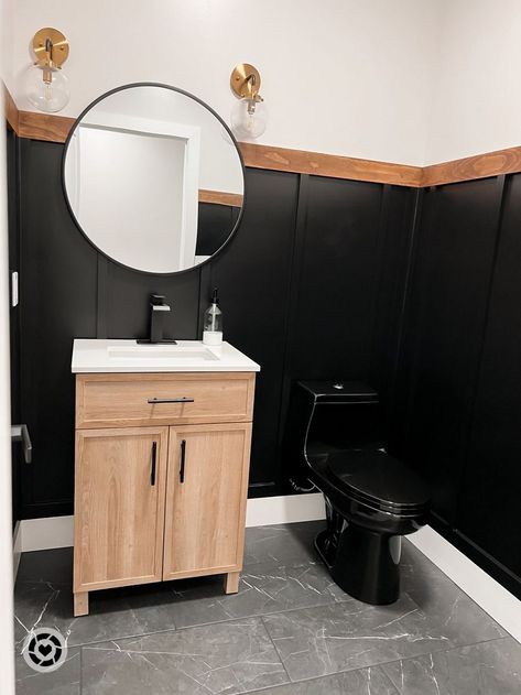 half bathroom ideas black cabinets
black and white tile floor half bathroom
black half wall paneling bathroom
small half bathroom remodel black and white
half bathroom ideas black vanity
black and white half bathroom modern
black half bathroom with wallpaper
black accent half bathroom
black half bathroom wall
half bathroom ideas black counter
black and white half bathroom design
half bathroom black and white floor Black Bottom Half Wall, Black Bathroom Half Wall, Bathrooms With Black Toilet, Black Shiplap Half Bath, Half Black Wall Bathroom, One Black Wall Bathroom, Charcoal Half Bath, Black Half Wall Bathroom, Black Vanity Half Bath