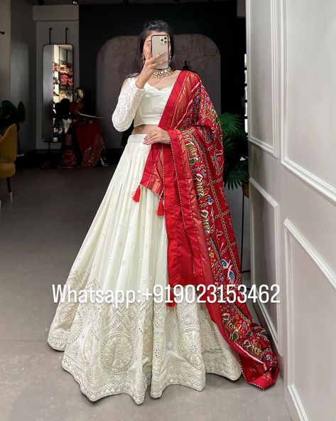 2995/- free shipping White Chikankari Lehenga Choli with Red Patola Printed Dupatta #EthnicWear #LehengaCholi #Chikankari #PatolaDupatta #IndianFashion #TraditionalAttire #BridalWear #DesiOutfit #EthnicElegance #Fashionista #CulturalFashion #IndianOutfit #FestiveFashion #WeddingWear #ElegantEthnic #StyleInspiration White Lehenga With Red Dupatta, White Chikankari Lehenga, Golden Lehenga, Chikankari Lehenga, White Anarkali, Heavy Dupatta, White Lehenga, Printed Dupatta, Blouse Hand Designs