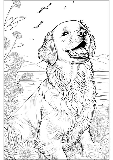 Realistic coloring of a Golden Retriever - JustColor.net : Free printable coloring pages for adults and kids Golden Retriever Cartoon, Golden Retriever Drawing, Golden Retriever Birthday, Dog Coloring Book, Aesthetic Coloring Pages, Printable Coloring Pages For Adults, Anime Mermaid, Coloring Page For Adults, Drawing Doodles