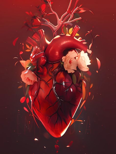 Floral Ruby Glow: Anatomy Heart - A mesmerizing fusion of botanical elegance and anatomical wonder. Radiant red hues and shimmering accents create a captivating glow. Embrace the beauty of life and love with this exquisite design on Redbubble. Heart Concept Art, Human Heart Art, Anatomy Heart, Heart Organ, Glowing Heart, Anatomical Heart Art, Heart Real, Real Heart, Heart Anatomy