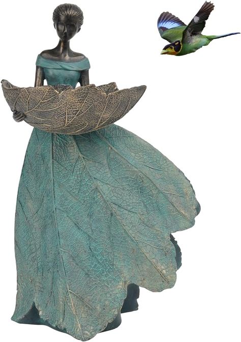 Statues For Garden, Women Statue, Bird Feeder Gift, Bird Feeder Garden, Leaf Fairy, Unique Bird Feeders, Statue Home Decor, Fairy Village, Fairy Statues