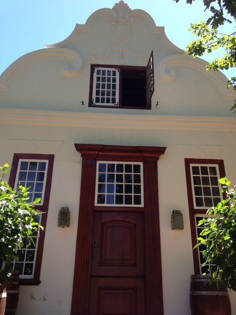 Gable end - windows and doors.. Cape Dutch Gable Facades, Cape Dutch Architecture, Dutch Gable, Dutch Houses, Dutch Farms, Dutch Architecture, Cape Dutch, Exterior Facade, Dutch Style