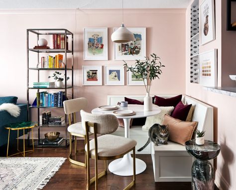 Bamboo Living Room, Pink Dining Room, Dining Room White, Studio Apartment Design, Built In Banquette, Stylish Apartment, Room White, Tiny Space, Clever Storage