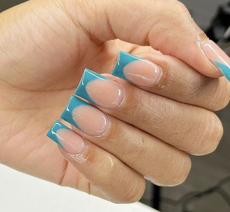 Short Teal French Tip Acrylic Nails, Ombre Nail Inspiration, Short French Tip Acrylic Nails Blue, Teal French Tip Nails Turquoise, Short Nail Set Ideas, Teal Nails, Long Acrylic Nail Designs, Colored Acrylic Nails, Girly Acrylic Nails