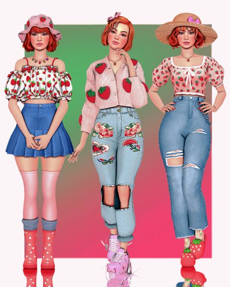 hi,  this is one of my new CAS series on my Youtube channel , STRAWBERRY SHORTCAKE characters as Sims  She is my version of Strawberry Shortcake  She is available for my patrons Sims 4 Cartoon Characters, The Sims 4 Strawberry Cc, Ts4 Strawberry Cc, Sims 4 Outfit Cc Maxis Match, Sims 4 Cc Strawberry Clothes, Sims 4 Sims Characters Ideas, Maxis Match Cc Clothing, Sims 4 Strawberry Shortcake, Sims 4 Cas Cc Clothes