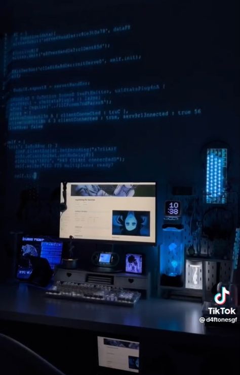 Cybercore Gaming Setup, Blue Pc Setup, Black And Blue Pc Setup, Pc Gaming Setup Aesthetic Blue, Blue And Purple Pc Setup, Darkest Academia, Desk Inspo, Gaming Room Setup, Gamer Room