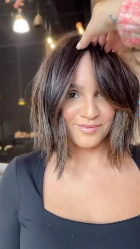 Summer S Evans | 𝘽𝙖𝙣𝙜 𝙗𝙖𝙣𝙜 ✂️ • My beautiful friend @hairbynathi wanted some curtain bangs to spice up her perfect little bobbie! She wears them well!!… | Instagram Curtain Bangs Bob Cut, Curtain Bangs With Bob Haircut, Brunette Bob With Curtain Bangs, Bob With Curtain Bangs Fine Hair, Inverted Bob With Curtain Bangs, Bobs With Curtain Bangs, Short Hair With Long Bangs, Layered Bob With Curtain Bangs, Bob With Fringe Bangs