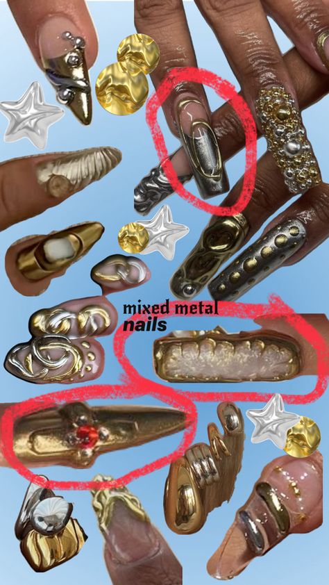 Gold Bead Nails, Mixed Metal Nail Art, Nail Art Maximalist, Mixed Metals Nails, Mixed Metal Nails, Klimt Nails, Mismatch Nails, Maximalist Nails, Nessa Nails